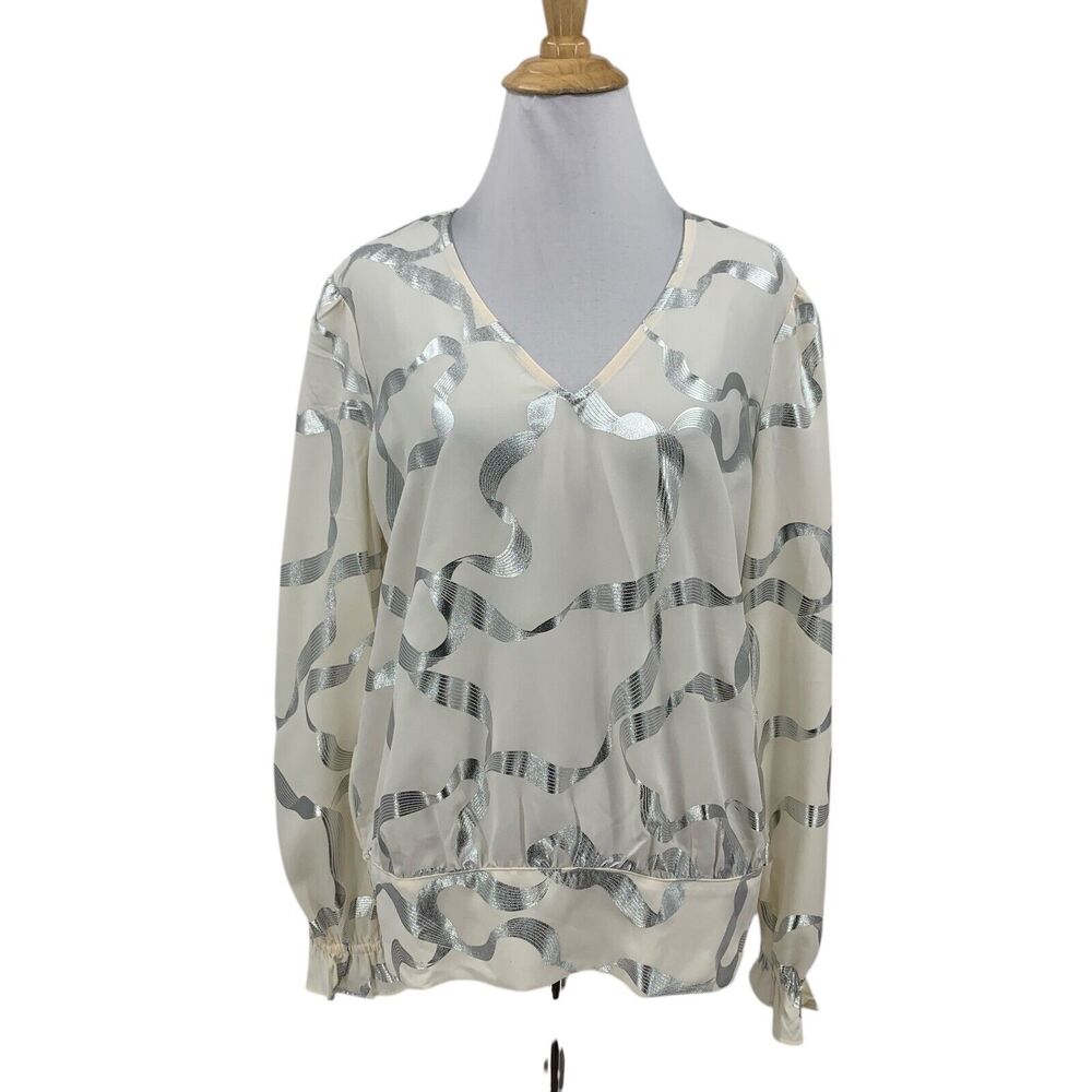 Ann Taylor Blouse Womens M Medium Snow Metallic Silver V Neck Bishop Sleeve Top